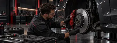 Reparación de frenos y disco de un automóvil en el taller